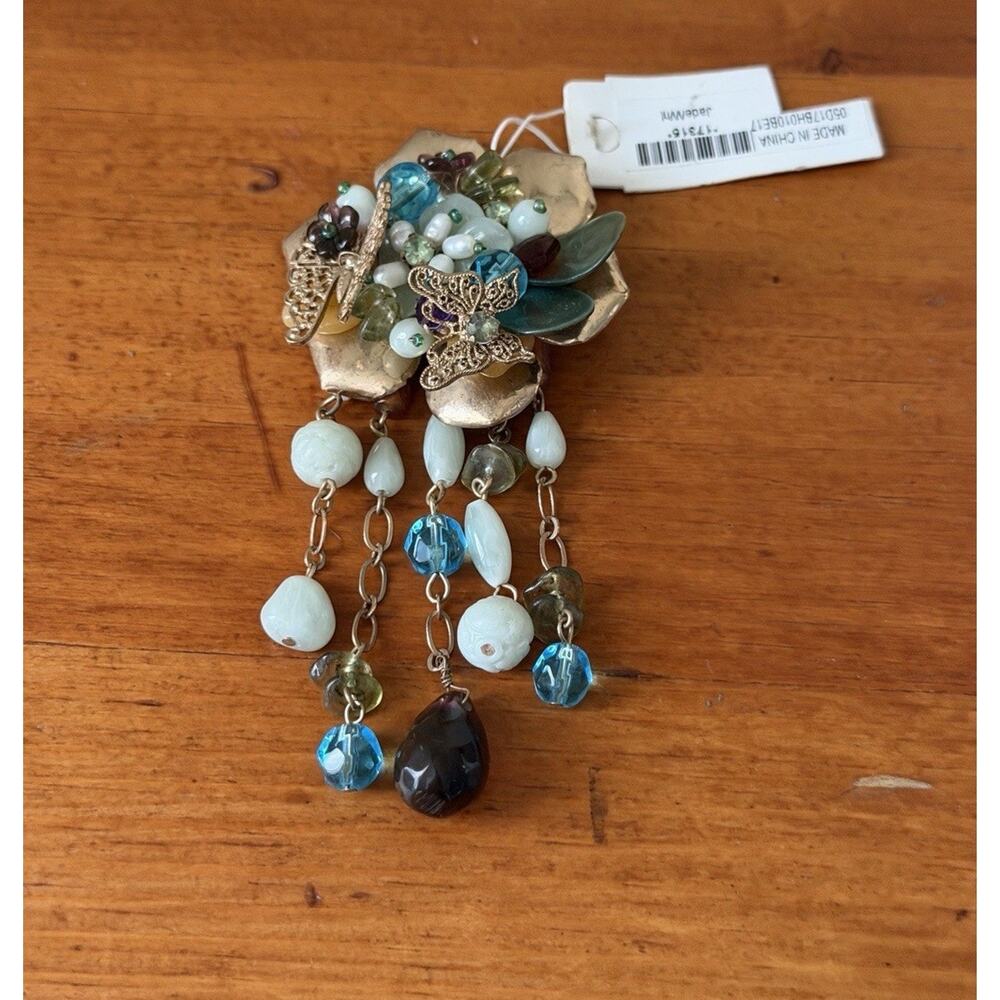 Laila Rowe Floral Butterfly Brooch Gold Tone Beaded Dangle Statement NWT - Picture 3 of 12